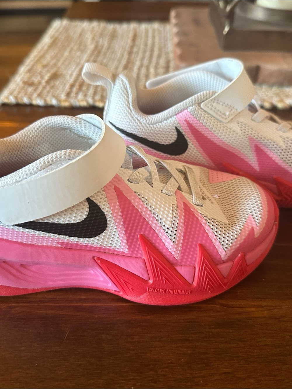 Nike Kids White Sneakers with Pink and Hot Pink Accents and Black Swoosh